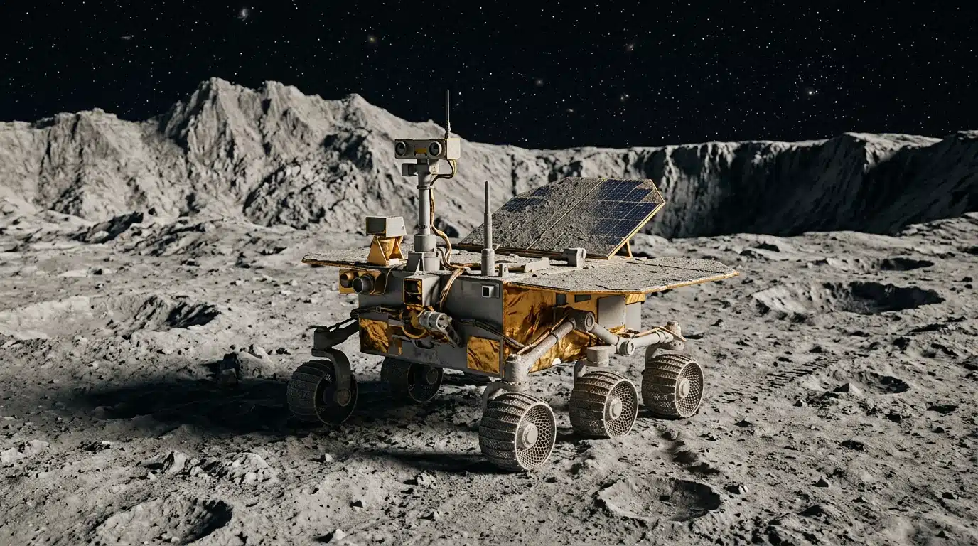Rover lunaire immobile sur sol gris cratérisé