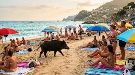 Sanglier marchant parmi les baigneurs sur une plage de Marseille