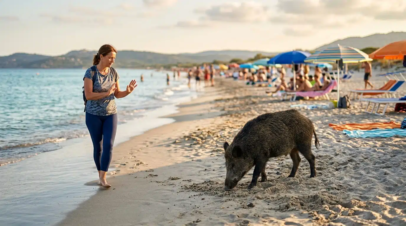 Baigneur gardant ses distances face à un sanglier sur la plage