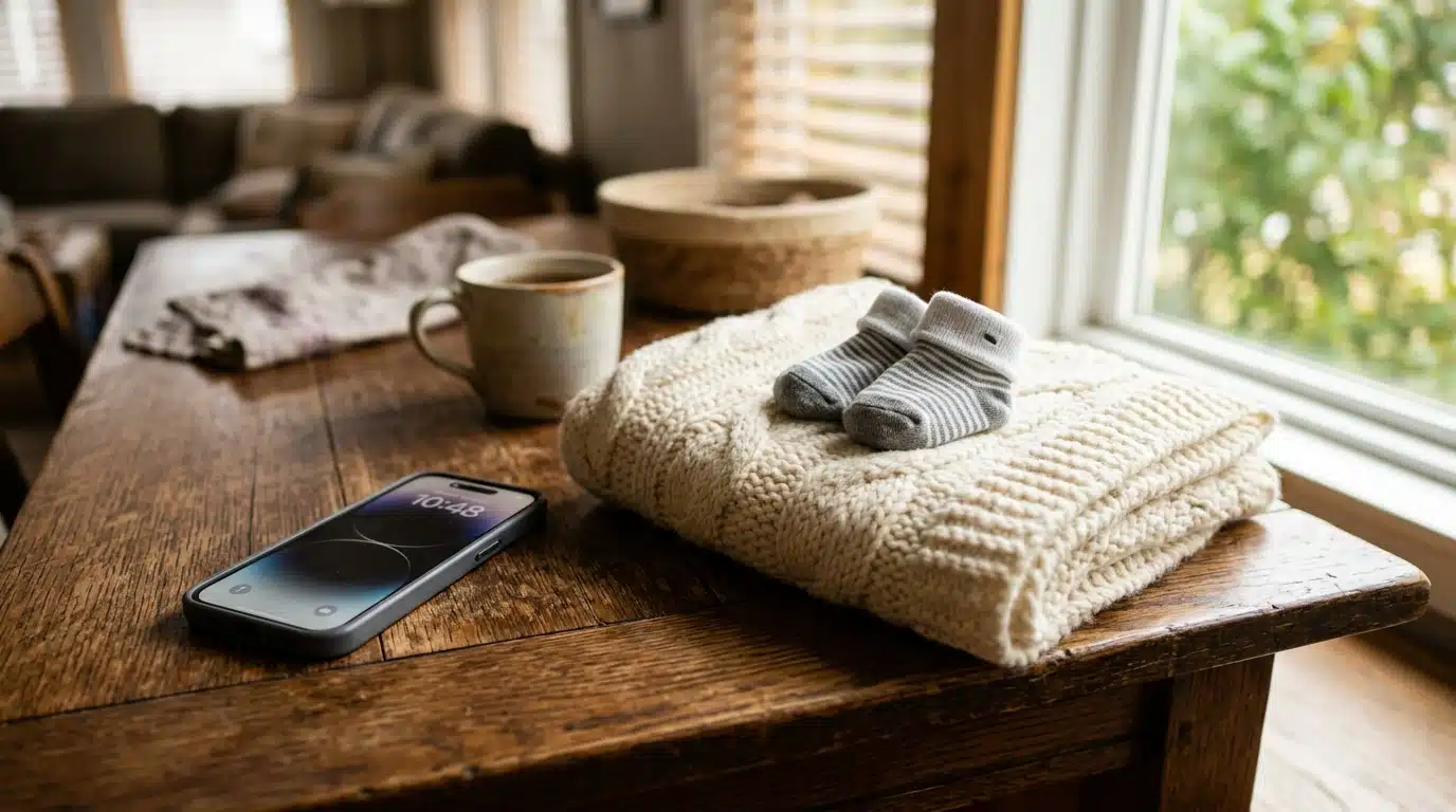 Table en bois avec smartphone, plaid et chaussettes de bébé évoquant un moment de tendresse familiale