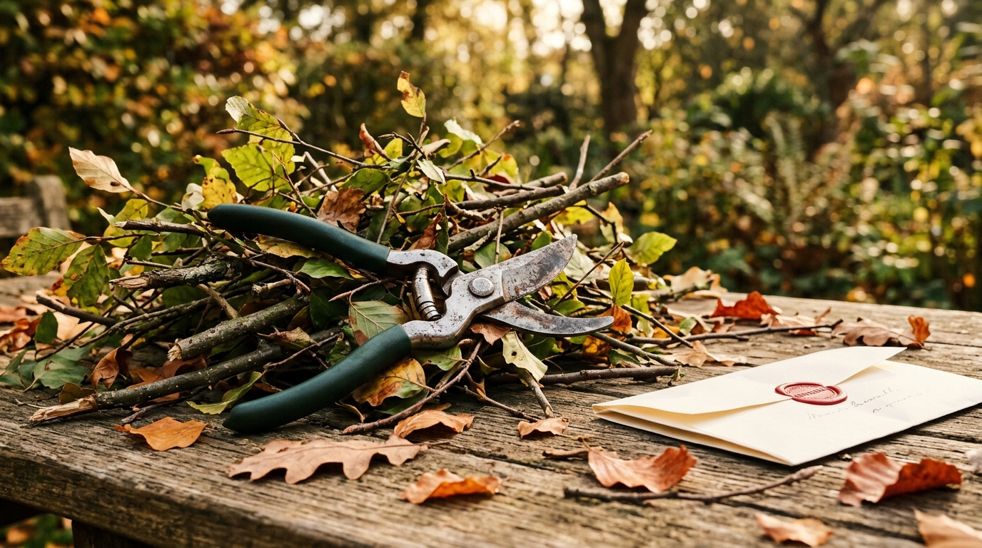 Sécateur de jardin posé près d'un courrier officiel