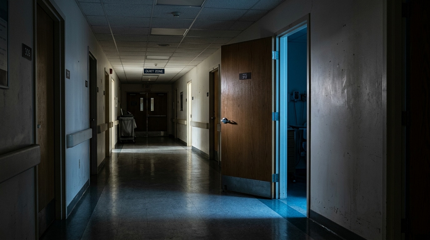 Couloir d'hôpital la nuit, porte de chambre entrouverte
