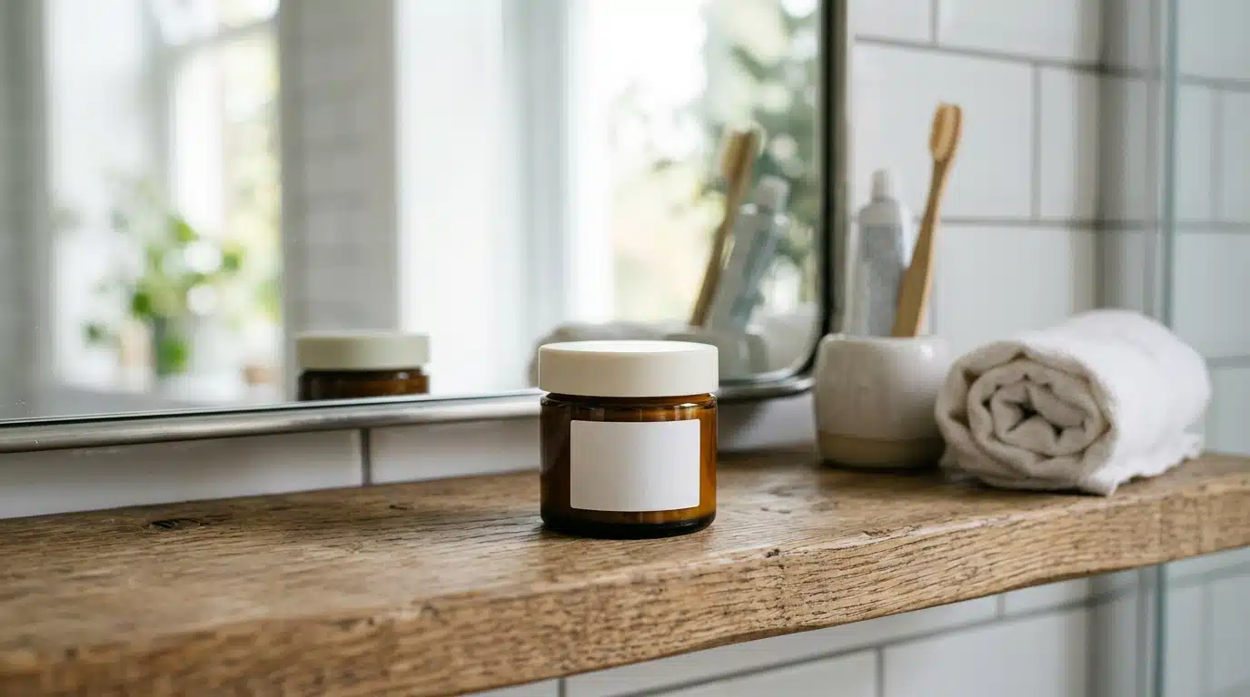 Pot de crème cosmétique près d'un miroir de salle de bain