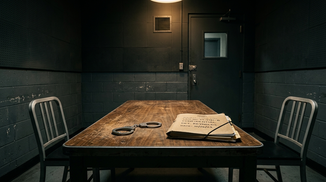 Menottes et dossier posés sur une table d'interrogatoire