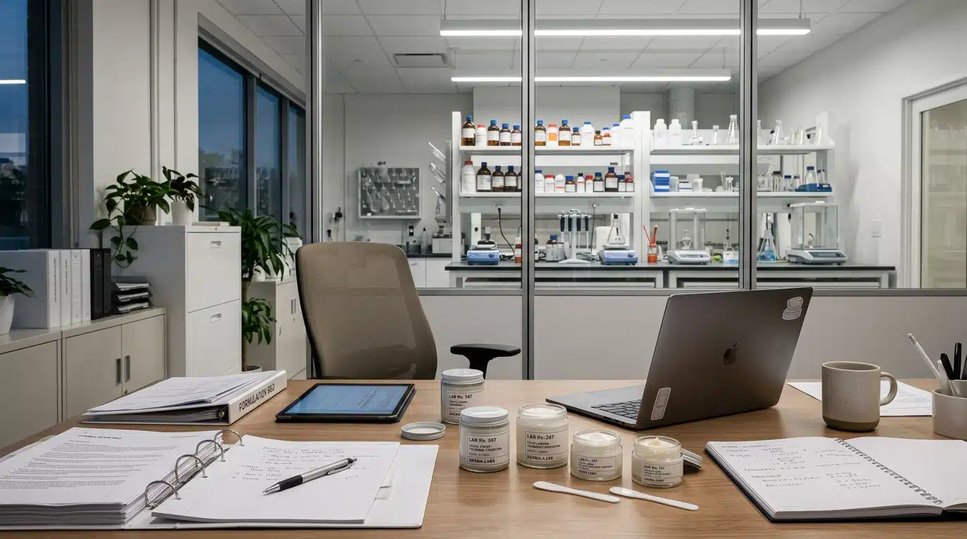 Documents et pots de crème dans un laboratoire de cosmétiques