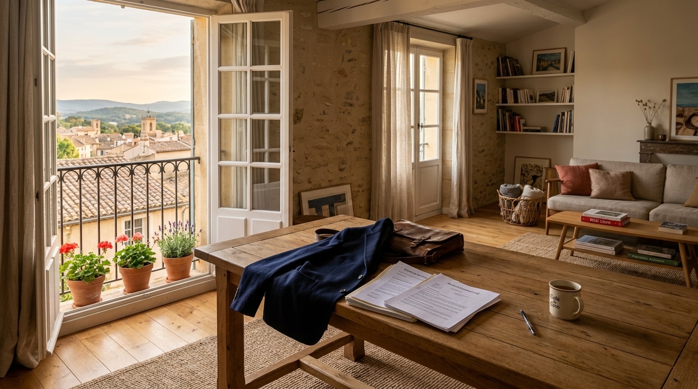 Salon d'appartement avec documents discrètement cachés
