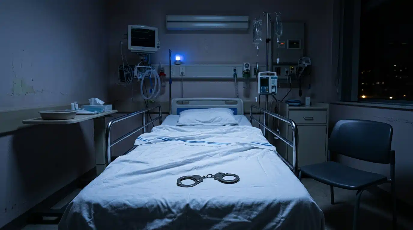 Menottes posées sur un lit d'hôpital vide la nuit