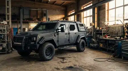 SUV blindé noir massif inspiré d'un jeu vidéo