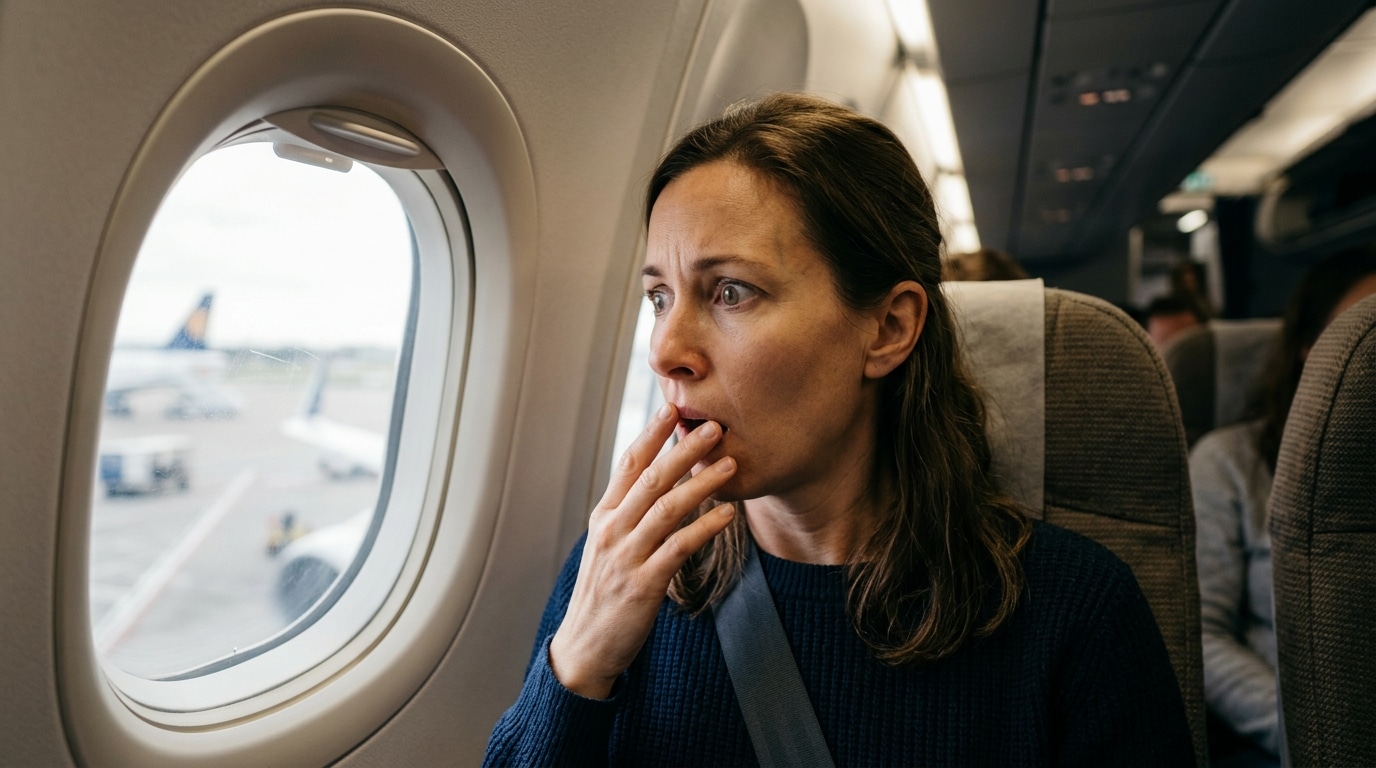 Passager d'avion au visage stupéfait près du hublot