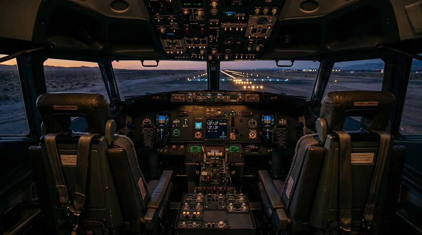 Cockpit vide d'avion face à une piste dans le désert