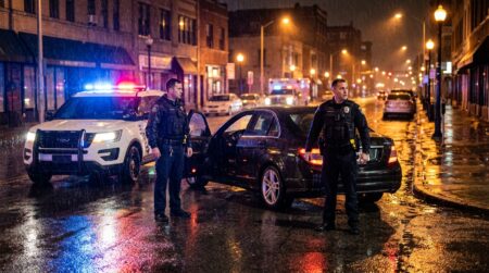 Arrestation policière de nuit avec gyrophares