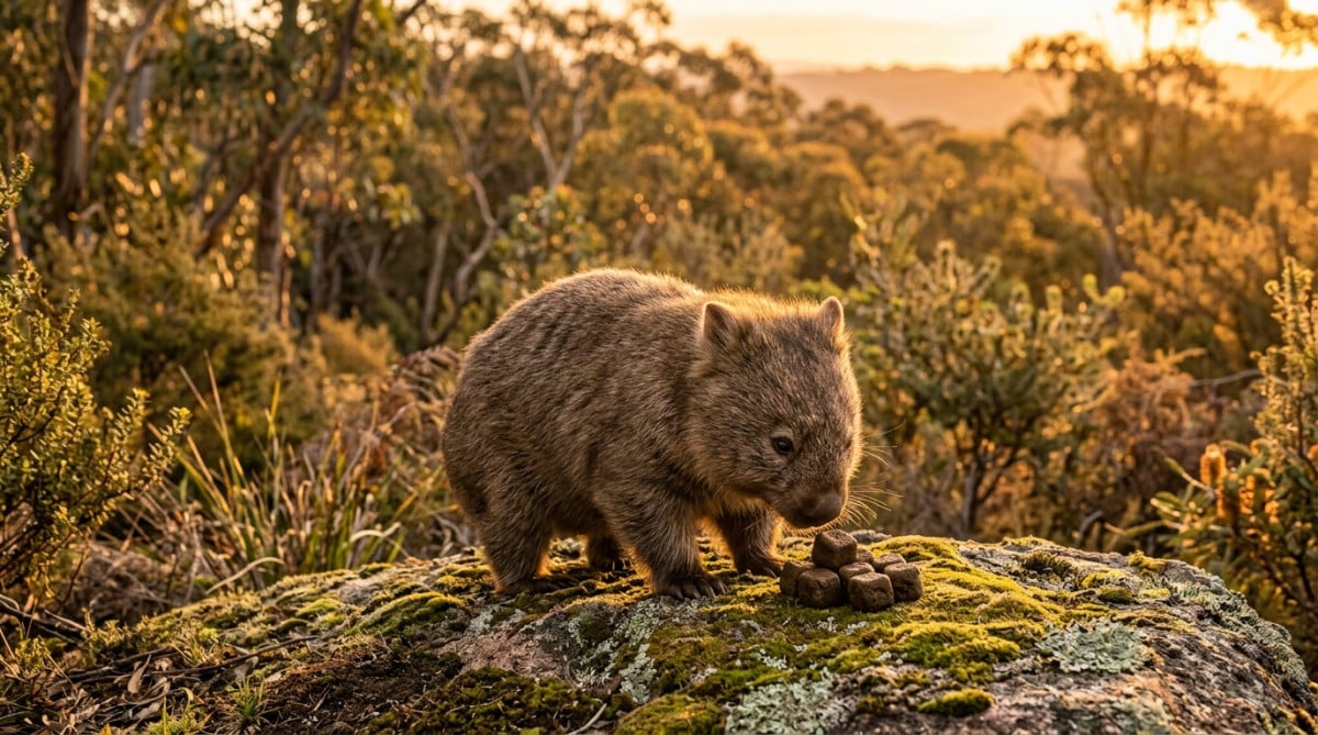 Un wombat renifle des crottes cubiques sur un rocher