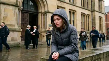 Femme anonyme le visage couvert devant un tribunal britannique