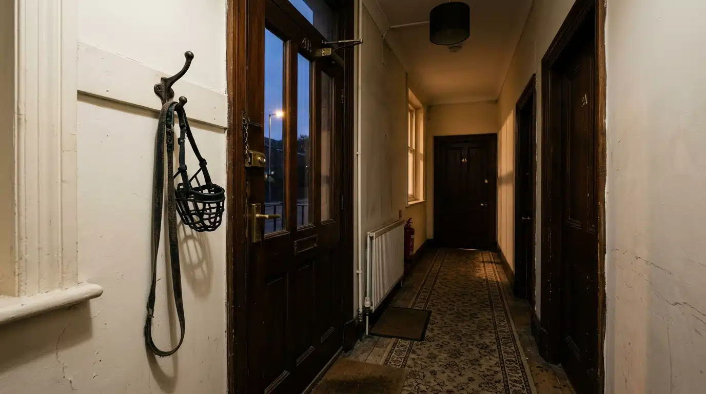 Laisse et muselière suspendues dans un couloir d'appartement