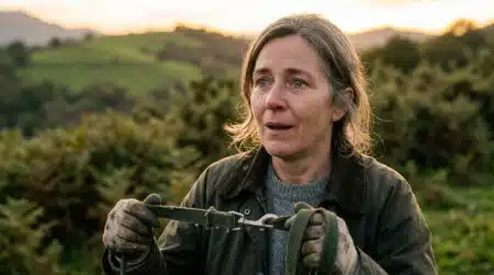 Femme émue tenant une laisse dans la campagne basque