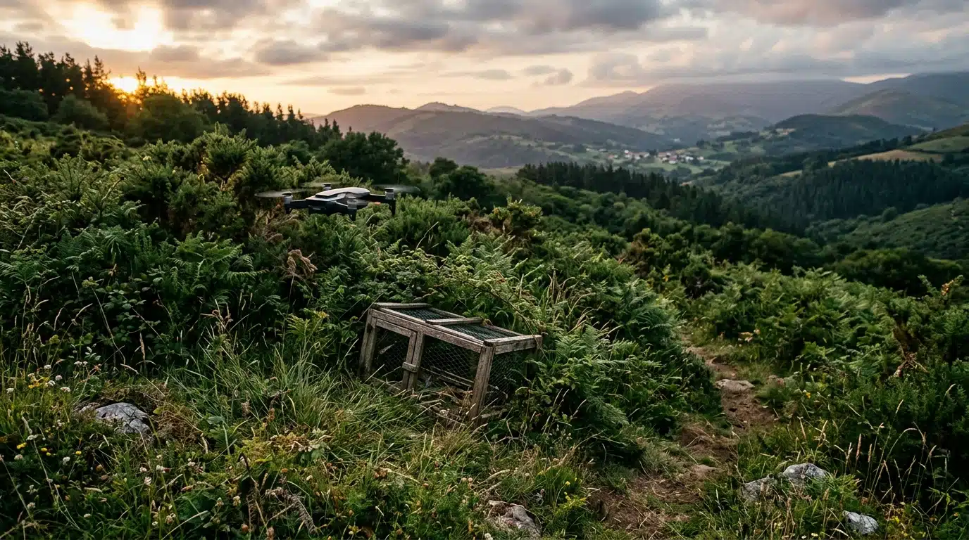 Drone et cage artisanale dans un maquis au crépuscule