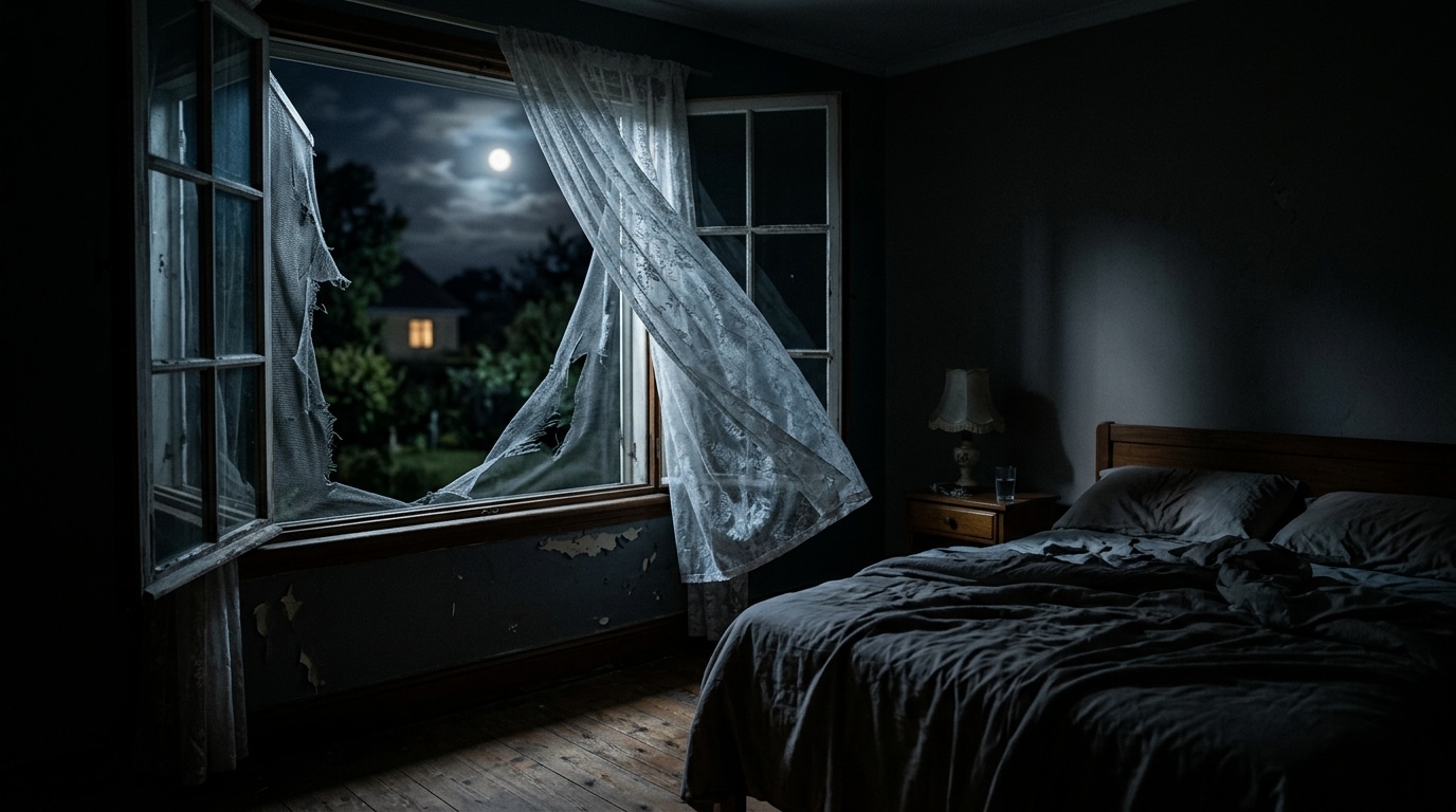 Fenêtre de chambre ouverte la nuit avec moustiquaire arrachée