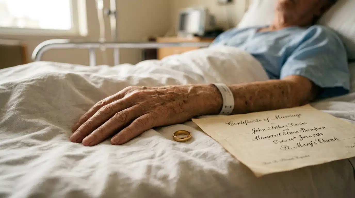 Alliance et acte de mariage posés sur un lit d'hôpital