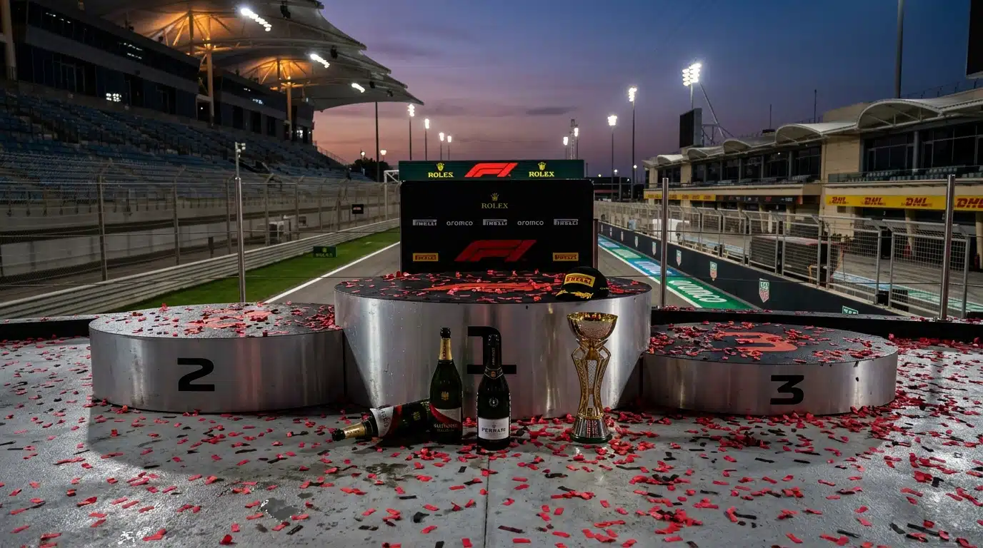 Podium de Formule 1 vide avec confettis rouges après la course
