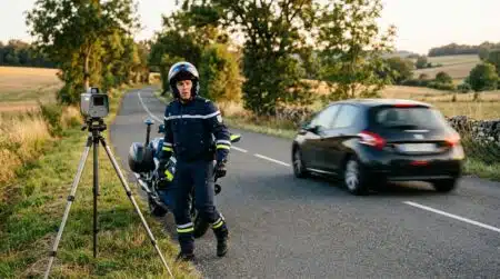 Radar de gendarmerie sur route départementale au coucher du soleil