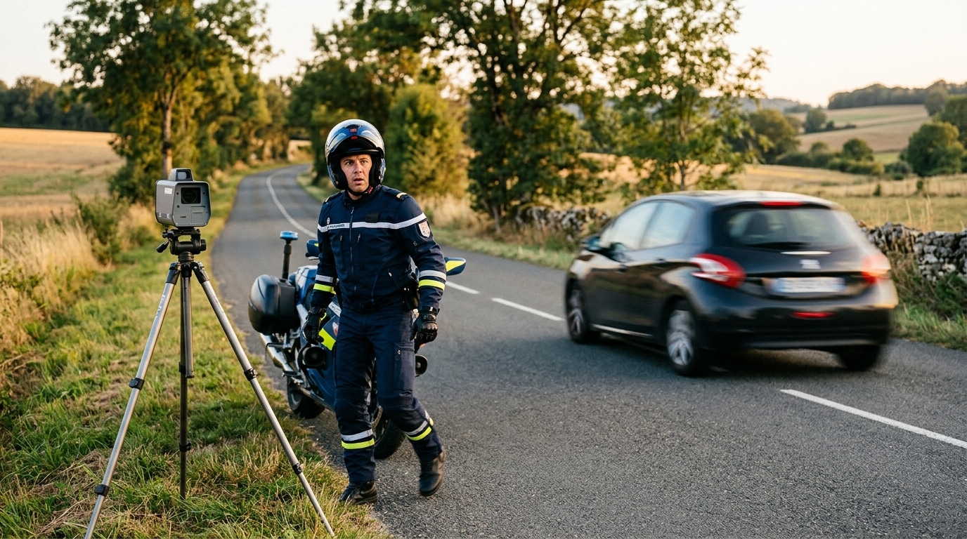 Radar de gendarmerie sur route départementale au coucher du soleil