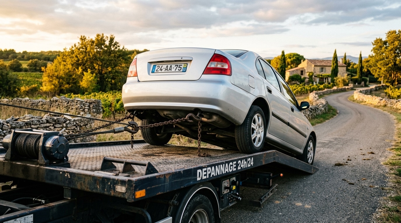 Voiture chargée sur une dépanneuse en campagne