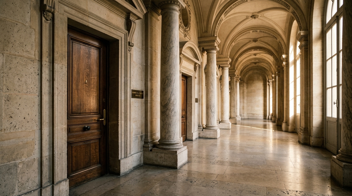 Couloir de tribunal parisien avec porte close et lumière chaude
