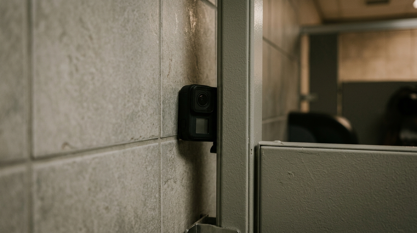 Petite caméra cachée derrière une cloison de toilettes