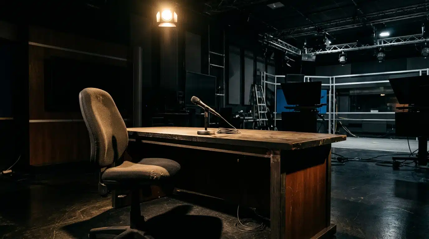 Plateau télévision vide sous éclairage dramatique