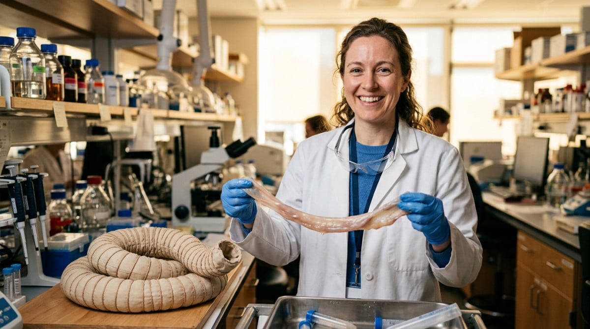 Une chercheuse examine un modèle d'intestin en tissu