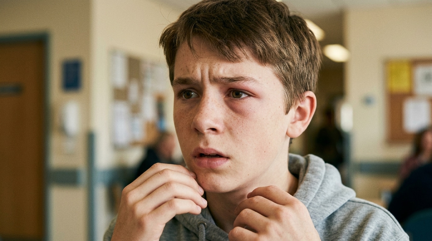 Adolescent inquiet avec paupière légèrement gonflée