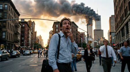 Homme choqué observant la tour en feu à New York