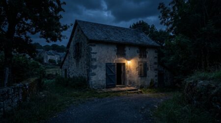 Maison isolée de nuit avec porte entrouverte