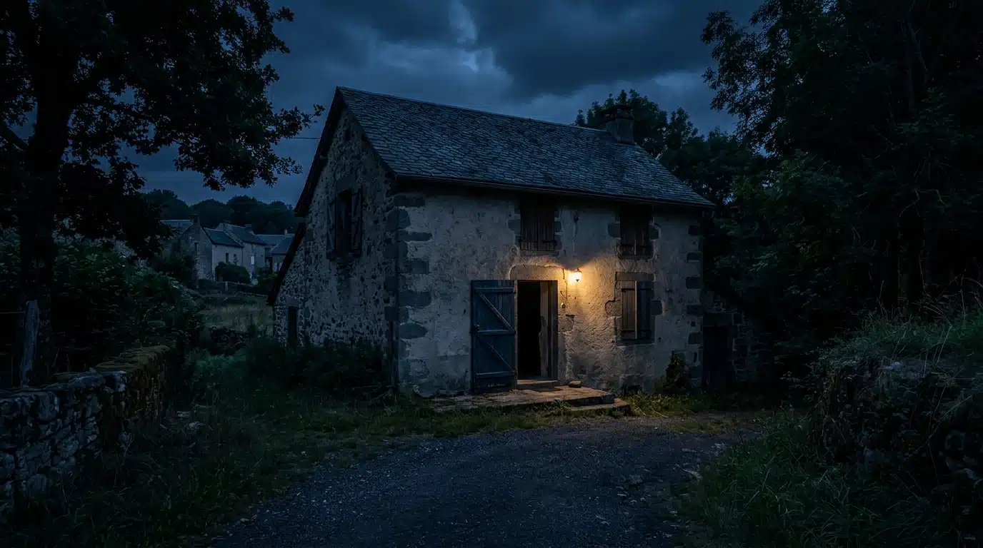 Maison isolée de nuit avec porte entrouverte