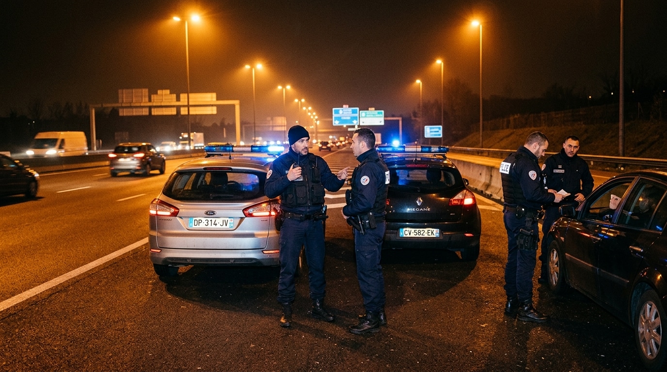 Contrôle policier nocturne sur un axe routier pendant la traque