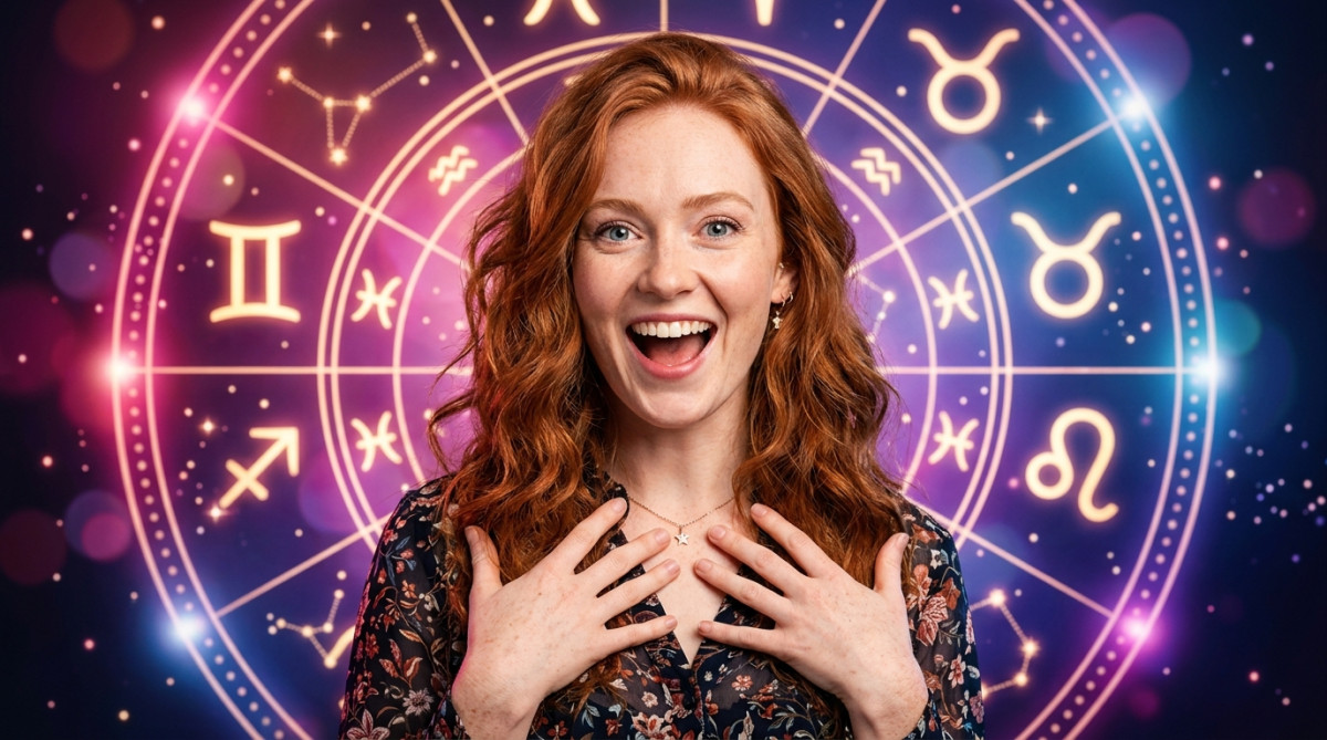 Une femme souriante contemplant un ciel étoilé doré pour l'horoscope du 1er octobre 2026