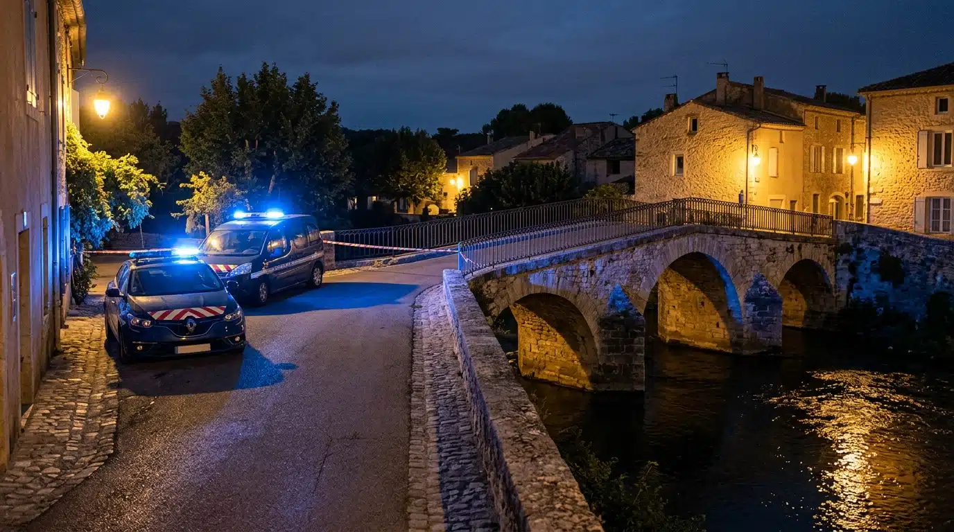 Gendarmerie et pont de pierre de nuit à Céret