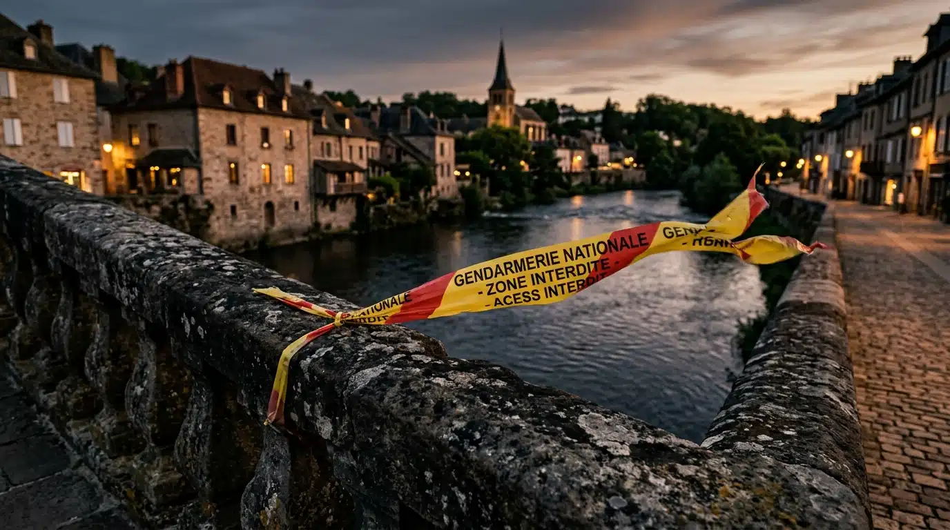Pont de pierre avec ruban de gendarmerie au crépuscule