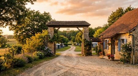 Entrée d'un camping en Moselle au coucher du soleil