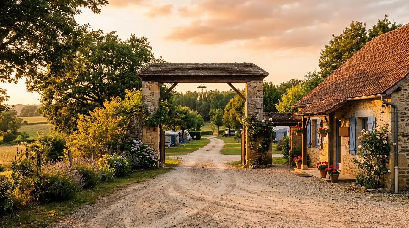 Entrée d'un camping en Moselle au coucher du soleil