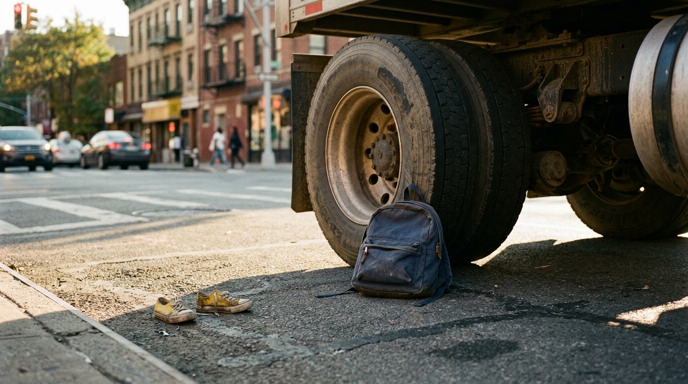 Sac à dos d'enfant près des roues d'un camion