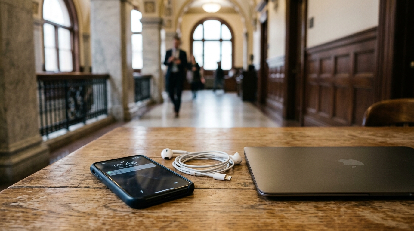 Smartphone et écouteurs posés sur une table, tribunal flou