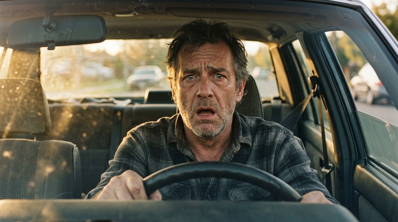 Homme au volant d'une berline, expression bouleversée