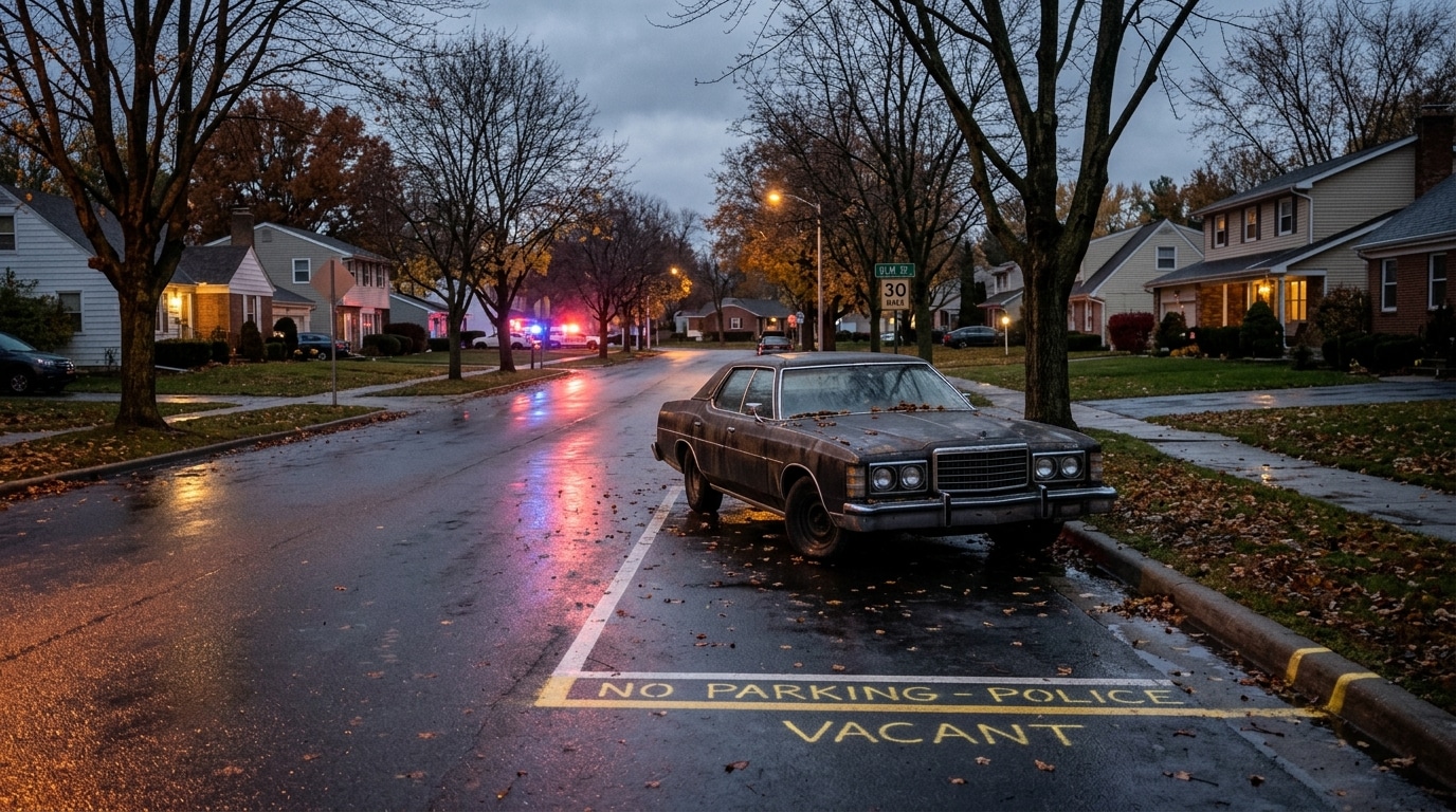 Rue résidentielle calme avec voiture garée de travers