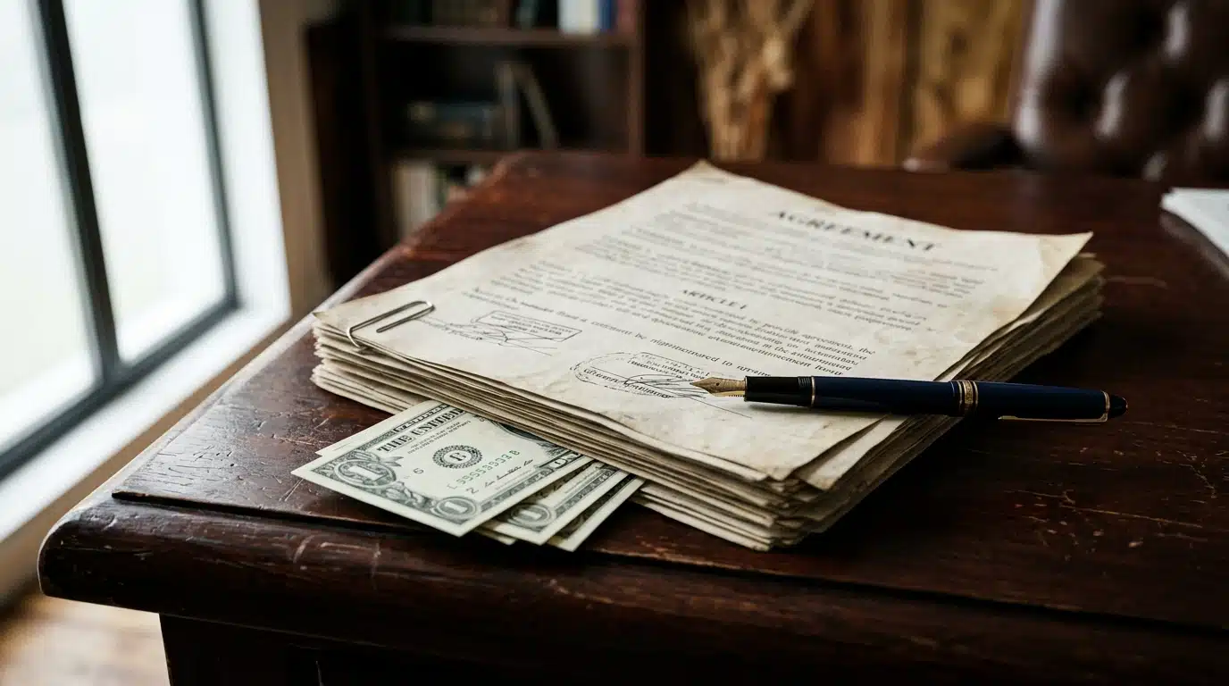 Documents et billets sur un bureau en bois sombre