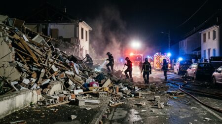 Maison effondrée après explosion avec pompiers sur place