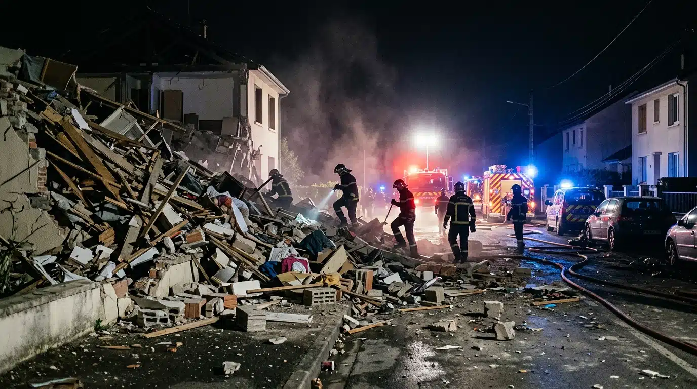 Maison effondrée après explosion avec pompiers sur place