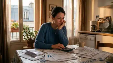 Mère de famille examine ses factures et aides CAF