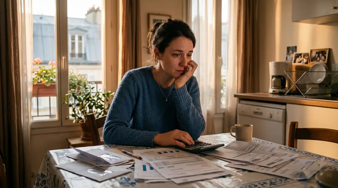 Mère de famille examine ses factures et aides CAF