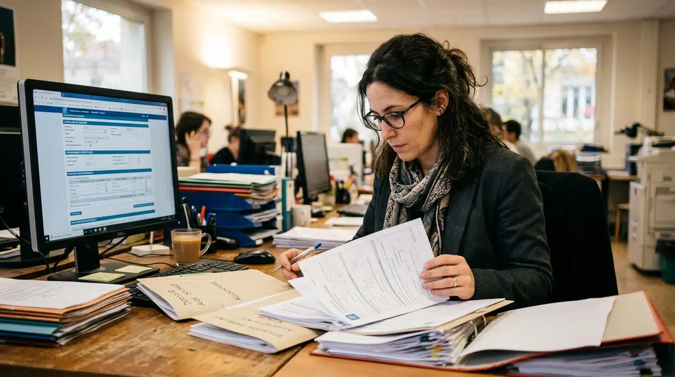 Agent CAF vérifie un dossier d'allocataire
